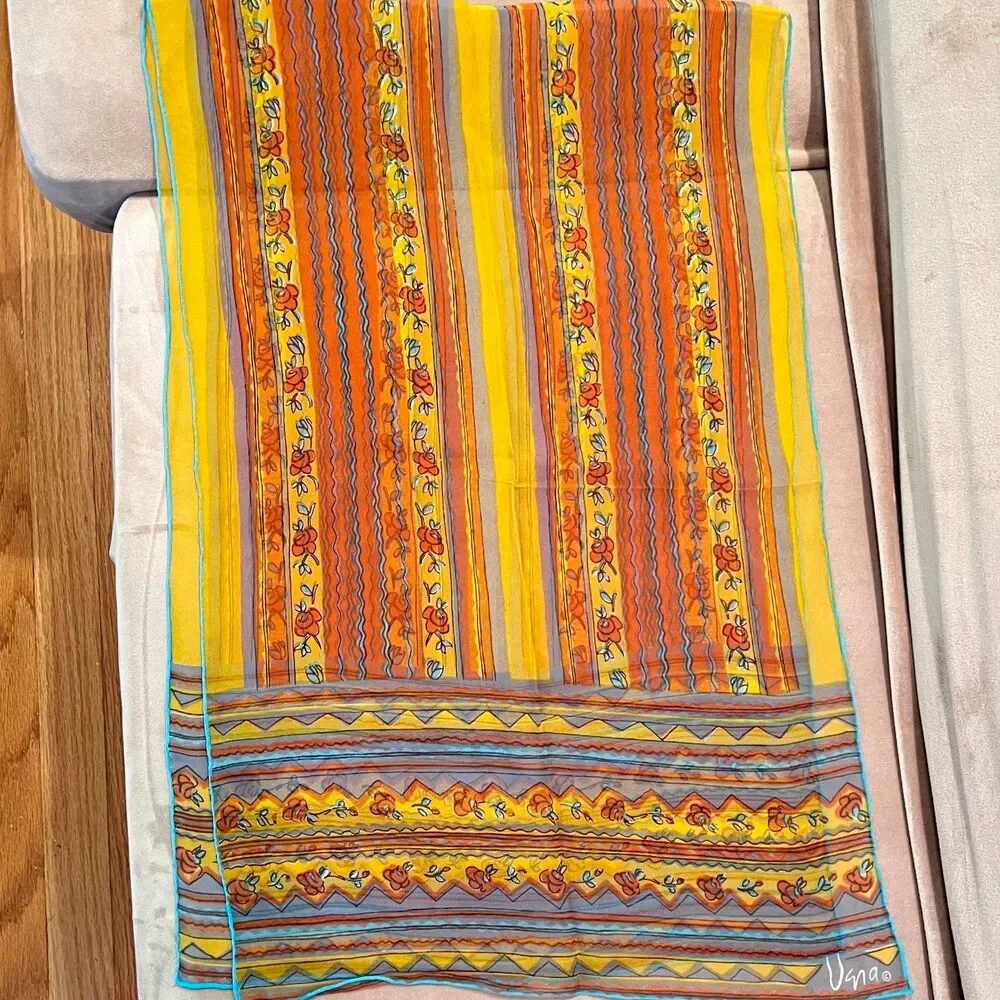 VTG Vera Neumann Womens sheer rectangular chiffon scarf yellow multicolor